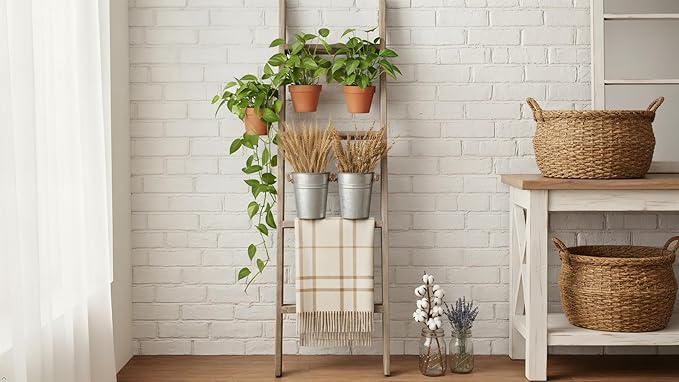Rustic Revival | Barnwood Display Ladder – Farmhouse Decorative Ladder Made from Authentic Weathered Wood – Real Wood Leaning