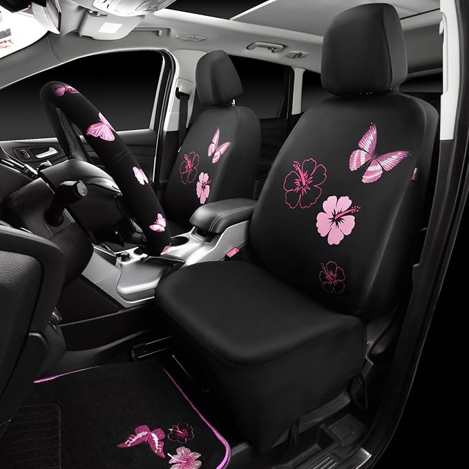 CAR PASS Universal Cloth Butterfly Car Seat Covers Full Set, Embroidered Flower Waterproof Car Floor Mats Carpet, Butterflies