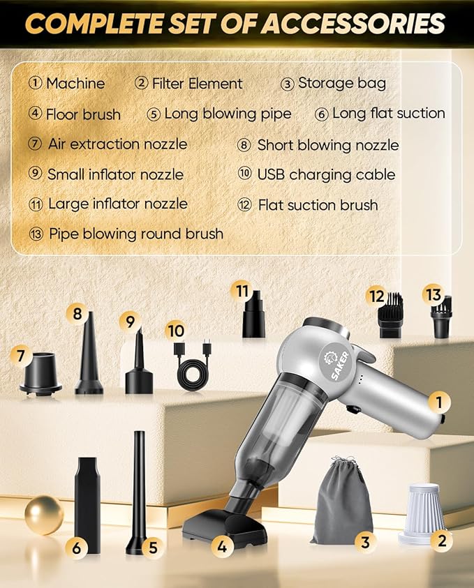 Saker Car Vacuum Portable 6-in-1 Handheld Cordless Vacuums, 20000PA Suction, 7800mAh Blower, Window Breaker, Seatbelt Cutter 