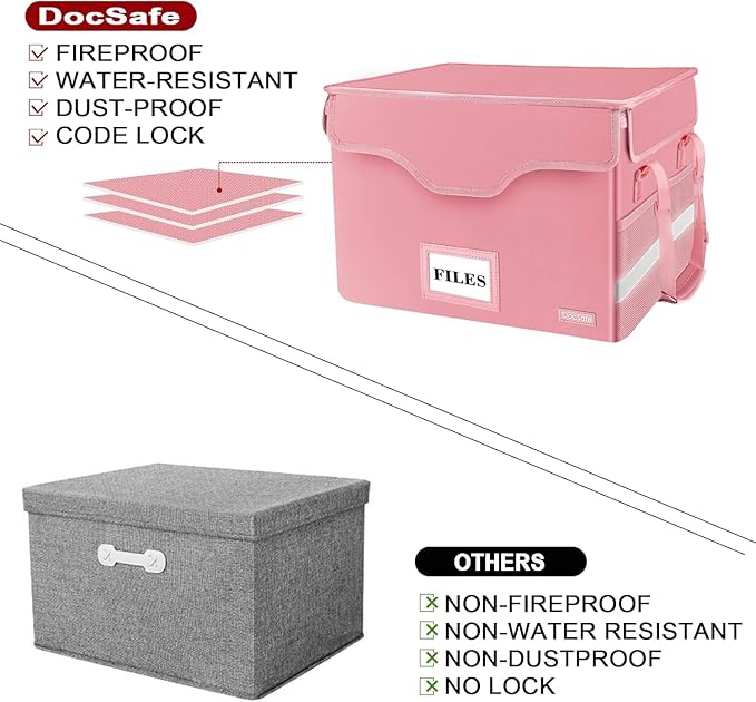 DocSafe Fireproof Document Box with Lock,File Storage Organizer with Zipper Pockets,Collapsible Portable File Box Home Office