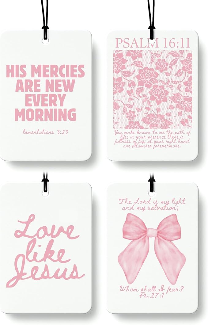 Pink Christian Car Air Freshener 4 Pcs, Girly Pink Bow Floral Religious Hanging Air Freshener for Cars Closet Drawer Books, C