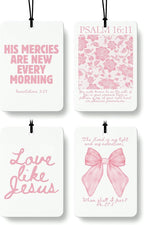 Pink Christian Car Air Freshener 4 Pcs, Girly Pink Bow Floral Religious Hanging Air Freshener for Cars Closet Drawer Books, C