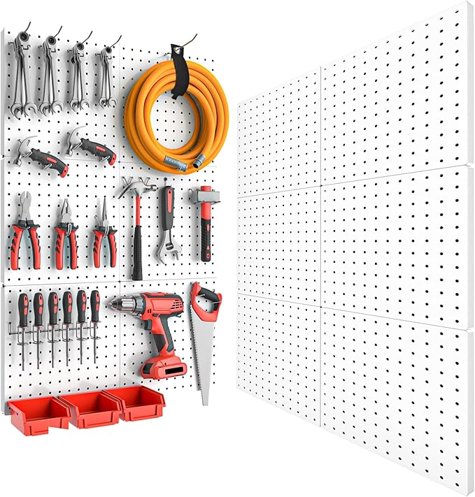 Peg Board, 6PCS Metal Pegboard, Heavy Duty pegboard Wall Organizer with Frame. White pegboard for Walls, Garage, Workbench, C