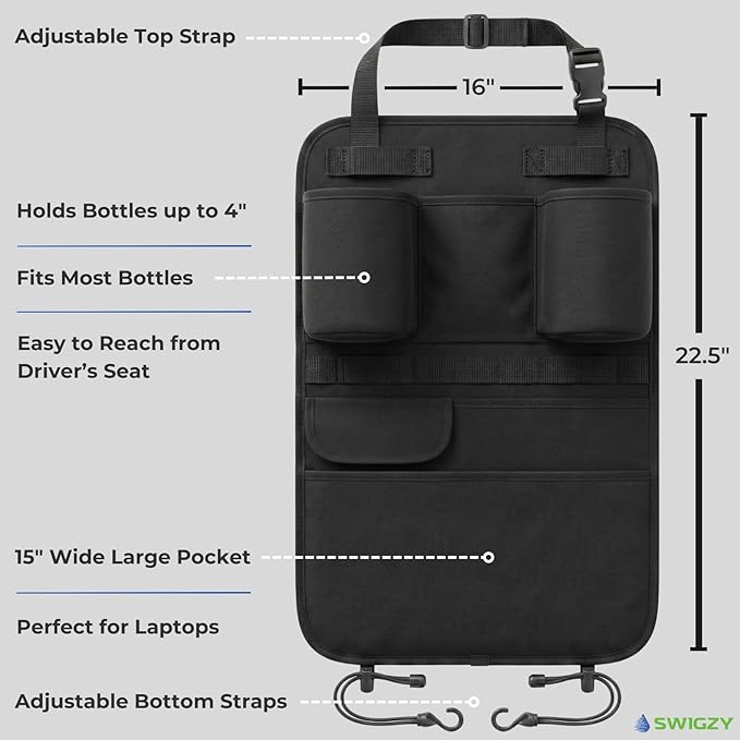 Premium Seat Back Organizer & Kick Mat Protector with Large Water Bottle Holders - Cordura Nylon Auto Storage - Laptop Pocket & Sag-Free Adjustable Fit