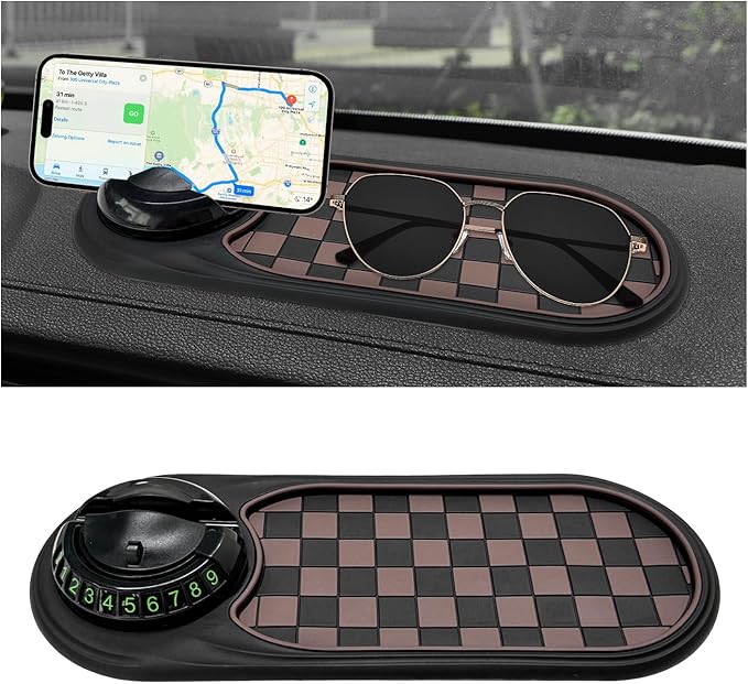 Multifunction Car Anti-Slip Mat, Anti Skid Dashboard Pad Rotatable Phone Holder w/Temporary Parking Number, Universal Auto Ce