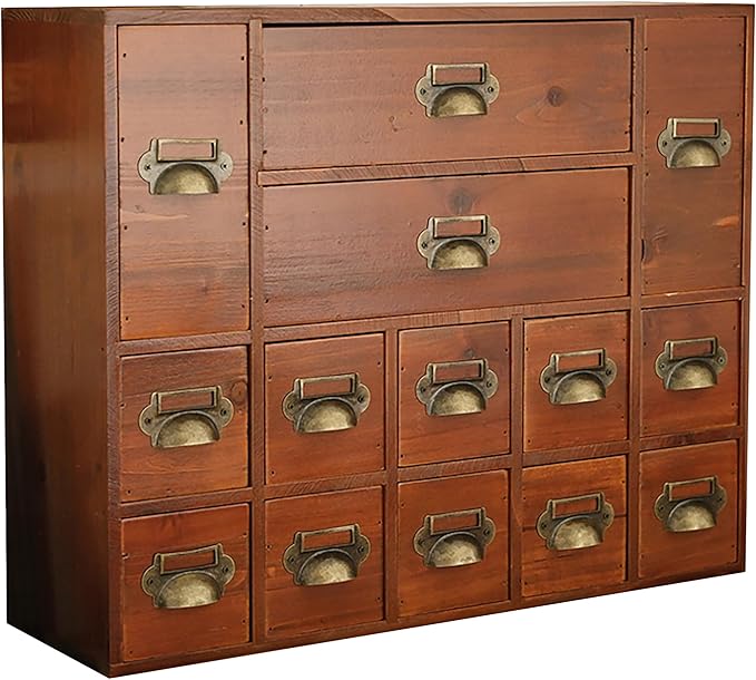 14-Drawer Apothecary Cabinet - Index Card Organizer - Miniature Chest of Drawers - Brass Handle Organizer - Kids' Arts and Cr