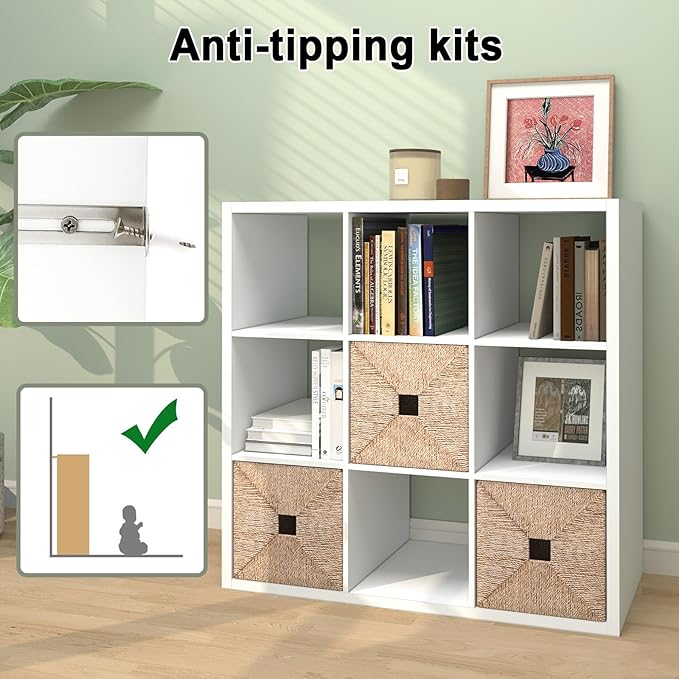 CTESNE【2026 Wooden Thick Frame 9 Cube Storage Organizer Shelf with Anti-Tipping Kits + Reversible Open Back Bookcase, Horizon