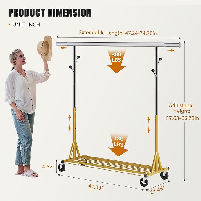 Gewudraw Rolling Clothes Rack Load 530lbs,Heavy Duty Garment Rack With Sturdy Wheel And Shelves, Adjustable Portable Hanging 