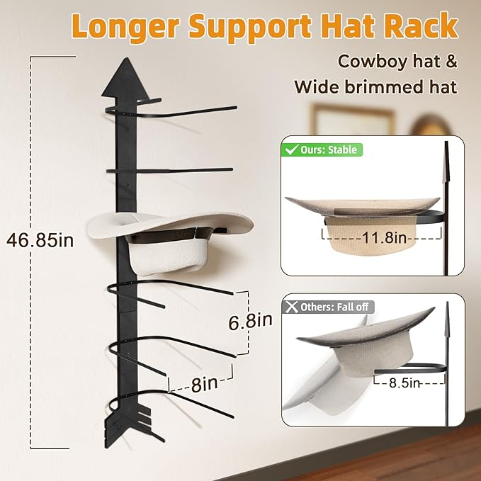 Cowboy Hat Holder for Wall, Cowboy Hat Rack Arrow Wood for 10 Baseball Caps and 5 Cowboy Hats, Western Wall Decor for Bedroom