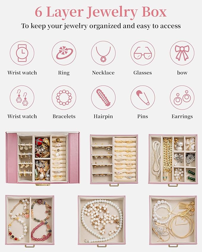 TORIBIO Large Jewelry Box for Women, Leather Jewelry Organizer with Mirror & Lock, 6-Tier Jewelry Storage Case for Girls/Wome