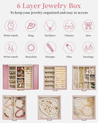 TORIBIO Large Jewelry Box for Women, Leather Jewelry Organizer with Mirror & Lock, 6-Tier Jewelry Storage Case for Girls/Wome