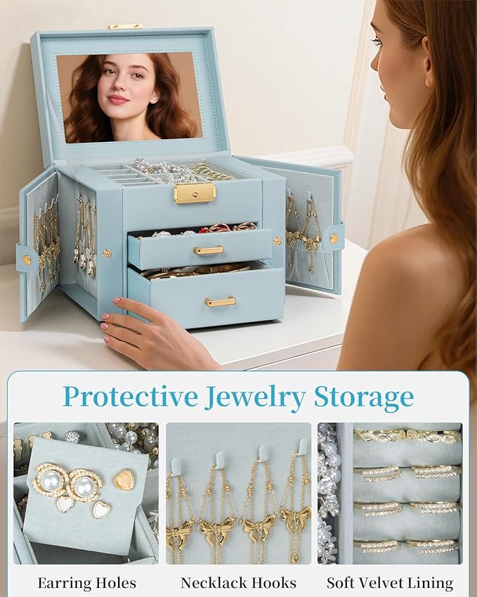 TORIBIO Jewelry Box for Women, Leather Jewelry Organizer with Mirror & Lock, 3-Tier Jewelry Storage Organizer with 2 Drawers 