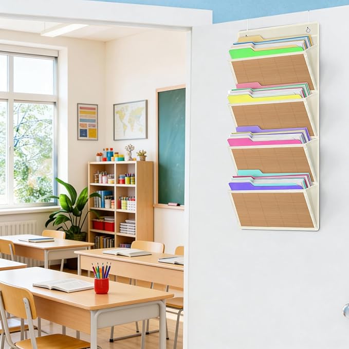 homyfort hanging wall file organizer, Over the door file folder organizer with 4 Large Bamboo Pockets, Suitable for Home, Off