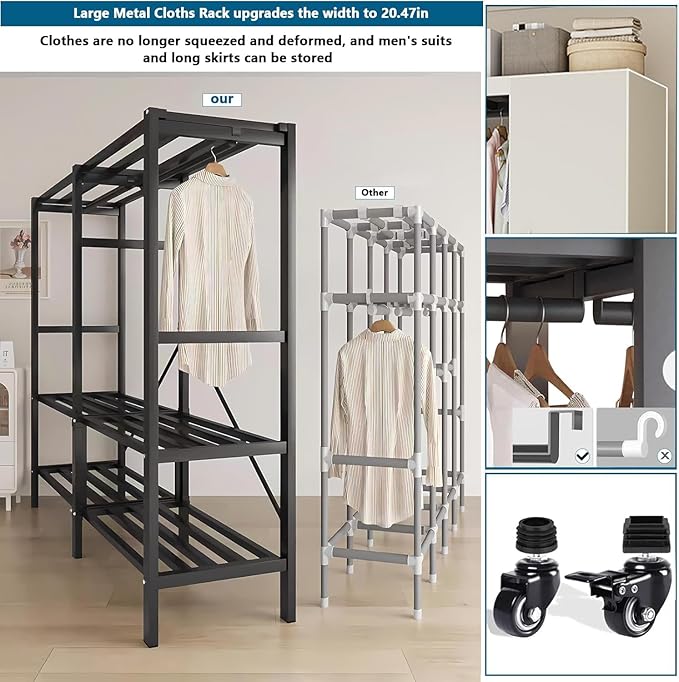 Heavy Duty Covered Clothes Rack with Magnetic Door 1500LBS Foldable Portable Wardrobe Closet for Hanging Clothing Rolling Bla
