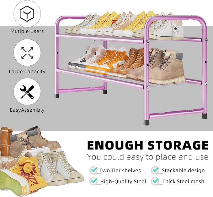 SUFAUY 2-Tier Mesh Shoe Rack, Closet Metal 33" Wide Shoe Shelf Heavy Duty, Pink