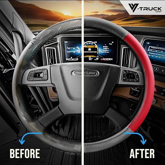 18-Inch Genuine Leather Steering Wheel Cover for Semi Trucks – Red with Black Carbon Fiber Imitation, Heavy-Duty Non-Slip Grip, Universal Fit, Easy Installation