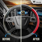 18-Inch Genuine Leather Steering Wheel Cover for Semi Trucks – Red with Black Carbon Fiber Imitation, Heavy-Duty Non-Slip Grip, Universal Fit, Easy Installation