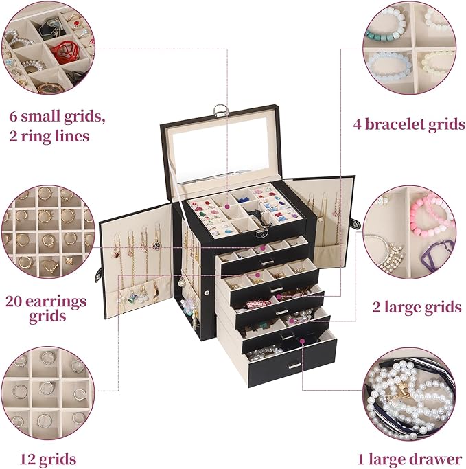 BOOVO Jewelry Box For women, 6 Layer Large Jewelry Organizer With Mirror, Multi-Function Storage Box With Lock, Accessory Hol