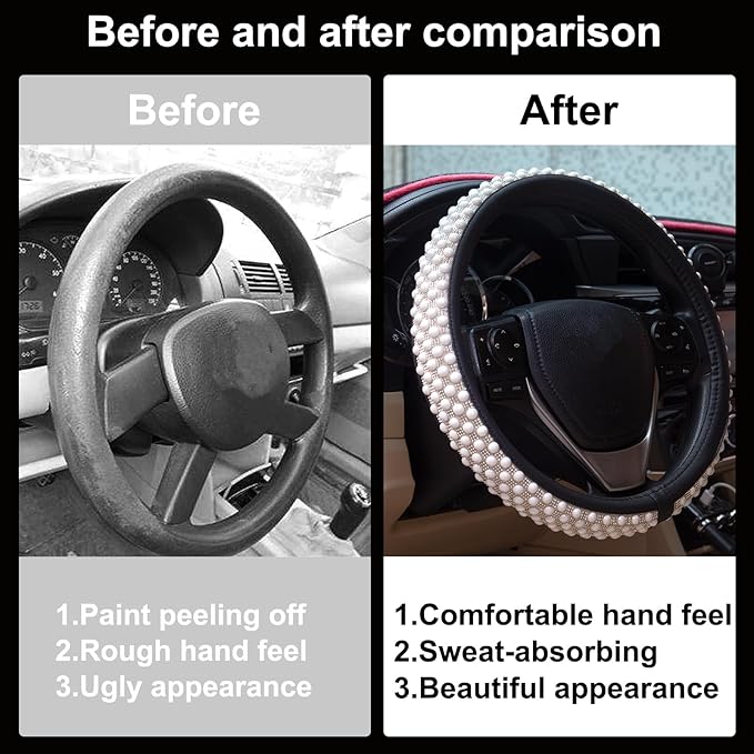 Leather Bling Steering Wheel Cover Women Rhinestone White Soft Comfortable Glitter Sparkly Universal 15 inch Steering Wheel C