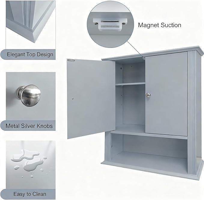Wall Mounted Bathroom Cabinet Wooden Storage Cabinet with 2 Doors & Adjustable Shelf, Hanging Wall Cabinet Over Toilet, Upper