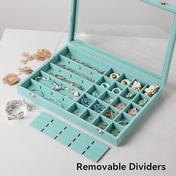 Frebeauty 40 Grid Jewelry Tray,Adjustable Earring Holder Organizer with Glass Lid,Velvet Drawer Jewelry Organizer for Rings,S
