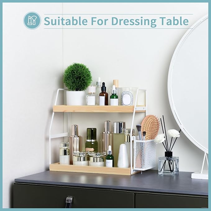 Bathroom Counter Organizer, 2-Tier Standing Storage Shelf with Basket, Wood Tray for Skincare Vanity Organizer(White)