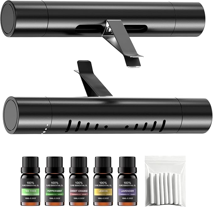 2Pcs Car Air Freshener Vent Clips, Car Diffuser Essential Oils Kit with 5 Different Essential Oils (0.34oz Each) & 12 Refill 