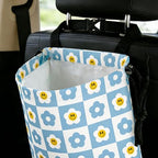 Checkered Smiling Daisy Car Trash Bag - Waterproof Car Trash Bag Hanging Leakproof Car Garbage Bag - Washable Reusable Trash Bag For Car Interior Hanging Organizer Storage Vehicle Travelling Camping