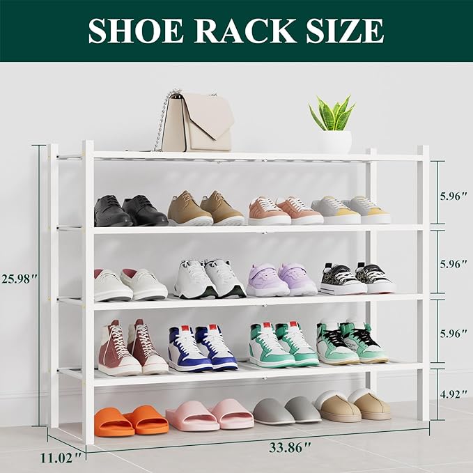 Smiry Shoe Rack, 4 Tier Thick Long Bamboo Shoe Organizer, Stackable Free Standing Wooden Shoe Storage Shelf for Closet, Entry