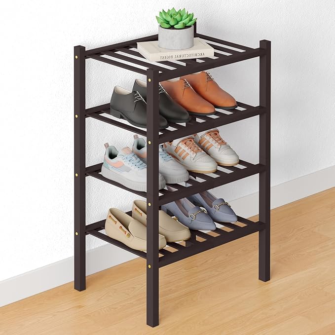 Smiry Bamboo Shoe Rack for Closet, 4 Tier Small Wooden Stackable Shoe Organizer, Free Standing Shoes Storage Shelf for Entryw
