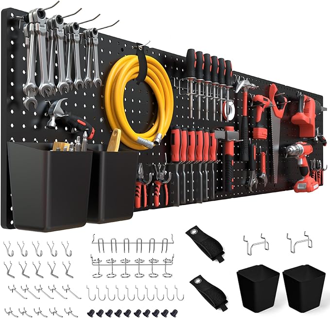 FZK Peg Board, Black Pegboard 4pcs and 46 Pegboard Hooks with Strong Ribs Back Holds up for 200Ib, Peg Board Organizer for Wa