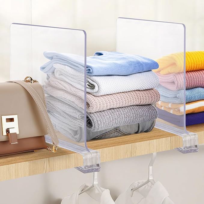 JOY DECOR 8 Pack Acrylic Clear Shelf Dividers for Closets Organizer and Storage Adjustable Vertical Wood Shelf Closet Separat