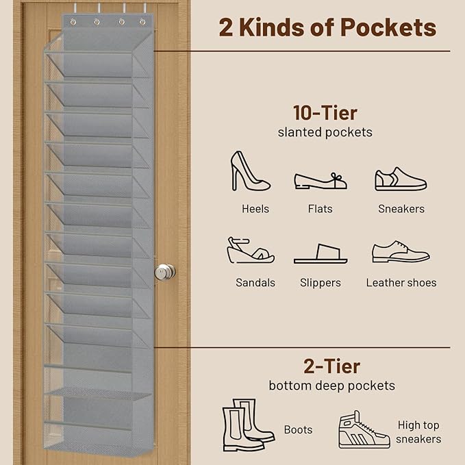 MISSLO 12 Tier Over the Door Shoe Organizer Breathable Mesh Hanging Shoe Rack for Closet Storage Shoe Holder for Door Fit 24 