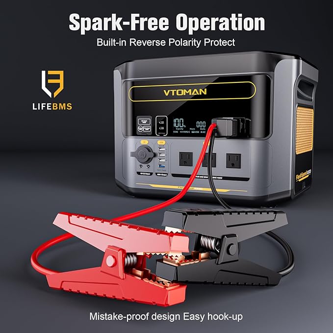 VTOMAN FlashSpeed 1000 Portable Power Station with Jumper Cables, 828Wh LiFePO4 Solar Generator & Car Jump Starter, 1H Fast Charging, 2000W Peak for Home Backup, Camping, Roadside Emergencies