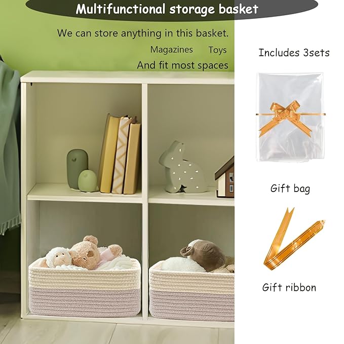COMFY-HOMI 13" x 8.5" x 5.1" Storage Baskets for Organizing | Cotton Rope Woven Basket | Toy Storage Bin Box | Basket for She