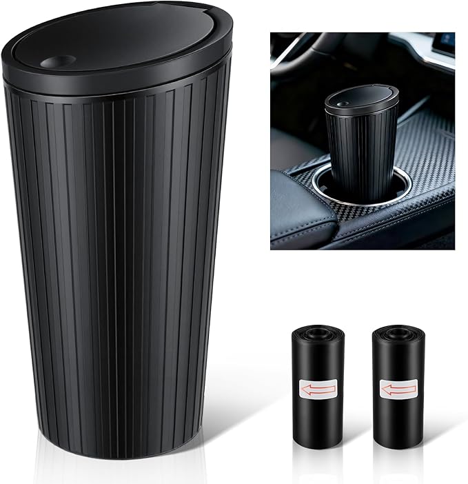 SINGARO Car Trash Can with Lid, Leakproof Mini Garbage Bin for Car Cup Holder, Small Trash Can for Vehicle, Home & Office - Includes 30 Bags, Easy Clean (Black)