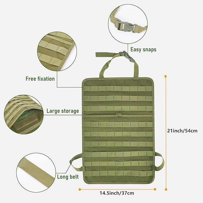 tactical car seat back organizer and storage truck seat covers with a Molle Vehicle Panel and 5 Different Size Molle Pouches for most models such as Jeep,SUV,Pickup (Army green)