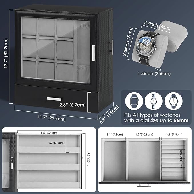9-Slot Watch Display Case with Necklace Display, High End Men Jewelry Box w/ Drawer, Standing Watch Box for Men w/ Clear Lid,