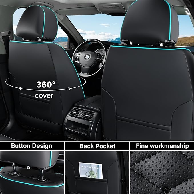 Coverado Leather Seat Covers, Car Seat Covers Full Set, Nappa Leather Seat Covers for Cars, Car Seat Protector Waterproof, Bl