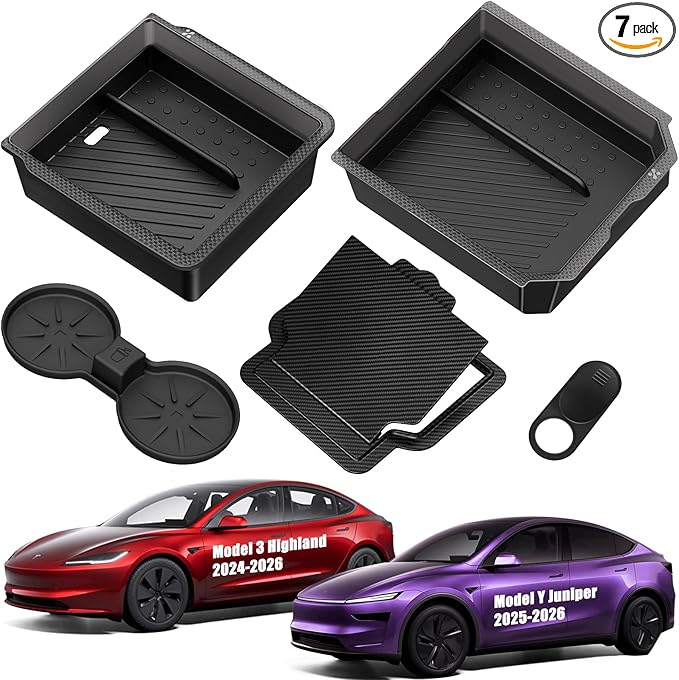 Center Console Organizer Tray for Tesla Model Y Juniper 2025-2026 & Model 3 Highland 2024-2026 [Premium PC + Silent Silicone Liner] Cup Holder for Tesla Model Y Juniper Accessories