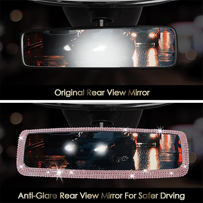 Bling Rhinestone Car Rear View Mirror - Crystal Diamond Decor for Women - Stylish Automotive Interior Accessory (Pink)