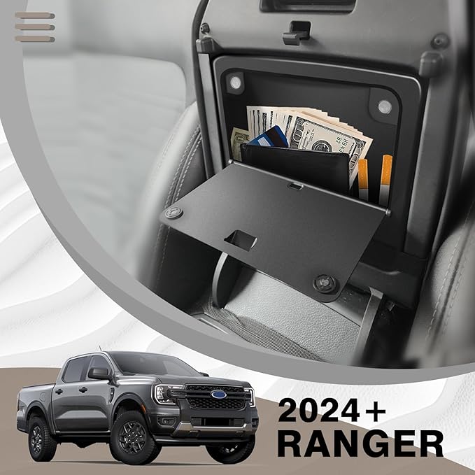 Muslogy Center Console Hidden Organizer Magnet Opening Design Compatible with Ford Ranger 2024 2025 2026 Accessories Armrest Hidden Storage Box Insert Secret Organizer Magnetic Switch