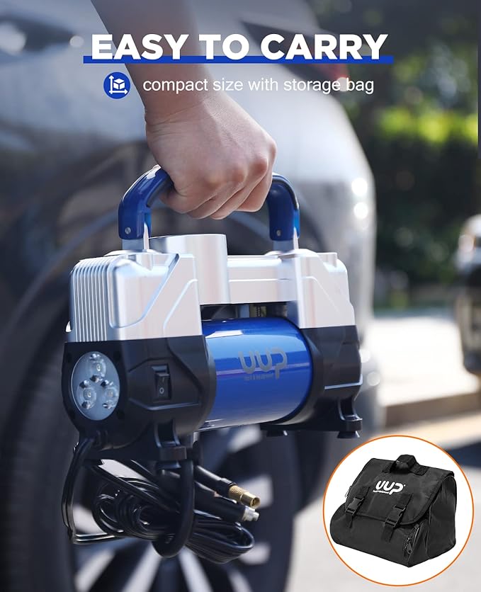 Tire Inflator Air Compressor, 150PSI 12V DC Double Cylinders Heavy Duty Portable Air Pump w/Emergency LED Light for Truck, SUV, Car, RV