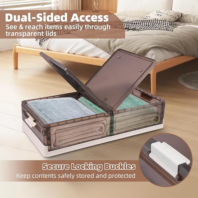 FAHKNS 2 Pack Under Bed Storage with Wheels, 17.2Gal Stackable Under Bed Storage Containers with Lids, Plastic Collapsible Or