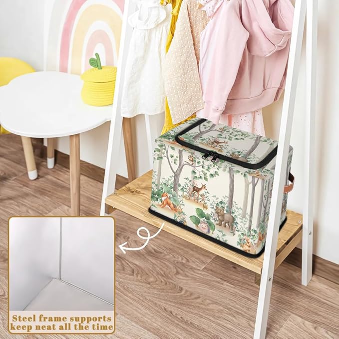 Woodland Wildlife Storage Basket - Cute Animals Party Bin Collapsible Organizer with Zipper Lid, Kid Rectangular Decorative B
