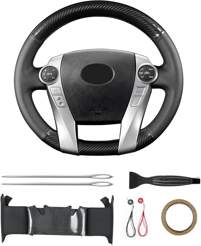 Hand-Stitch Steering Wheel Cover with Microfiber Leather & Carbon Fiber Leather Fit for Toyota Prius V 2012 2015/Prius C 2012 2015 2017/Prius 2010 2012/Prius Plus Prius Plug-in Hybrid 2013
