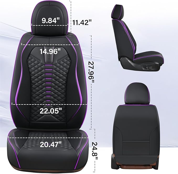 Coverado Car Seat Covers Front Seats, Nappa Leather Black&Purple Car Seat Cover, Automotive Seat Covers, Waterproof Driver Se