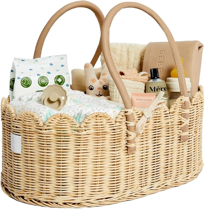 BEBE BASK Premium Baby Diaper Caddy Organizer - Handmade & Award-Winning Scalloped Rattan Basket - Luxury Diaper Caddy Basket