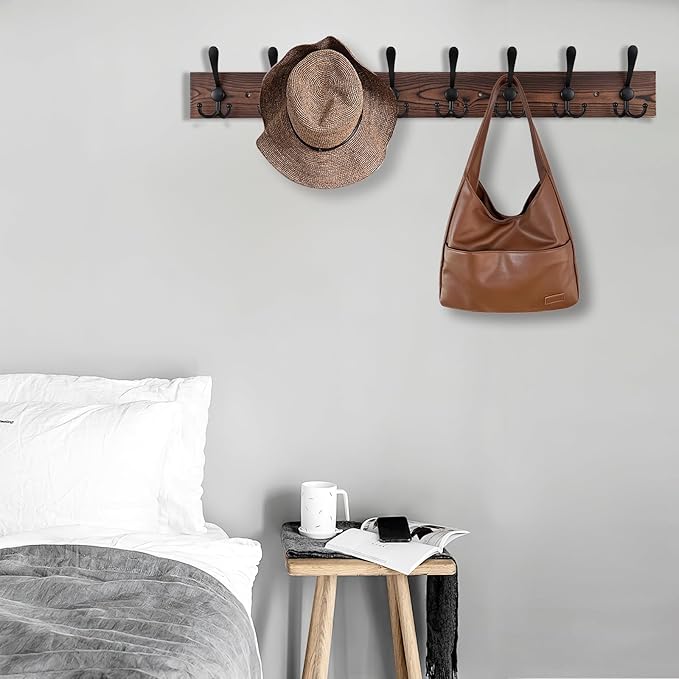 Kuhome 32.2'' Large Coat Rack Wall Mount Coat Hooks Coat Hanger with 8 Metal Black Triple- Hooks Brown Pine Real Wood Plank H