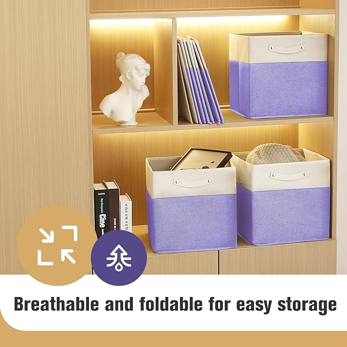 FinishingBo 13 x 13 Inch Fine Linen Storage Bins with Handles，Fabric Cube Boxs，Basket Organizers for Shelves for Home, Closet